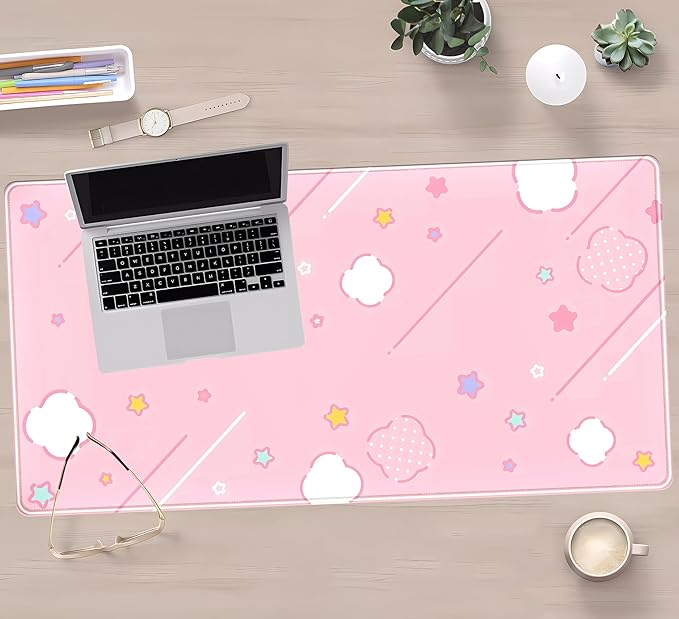 Pink Mouse Pad Large Desk Mat Gaming, Kawaii Desk Pads Stars Mouse Mat XXL Cute Keyboard Pad, Laptop Computer Mat with Non-Slip Base & Stitched Edges, Office Decor for Women 31.5" x 15.7"