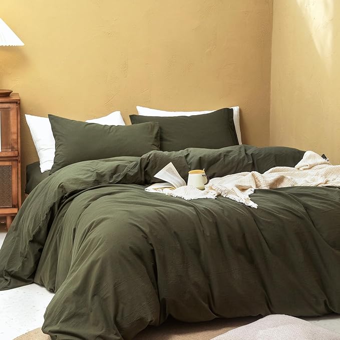 FOSSA Duvet Cover Set 100% Washed Cotton Linen Feel Super Soft Breathable Cozy 3 Pieces Bedding Sets Solid Olive Green King