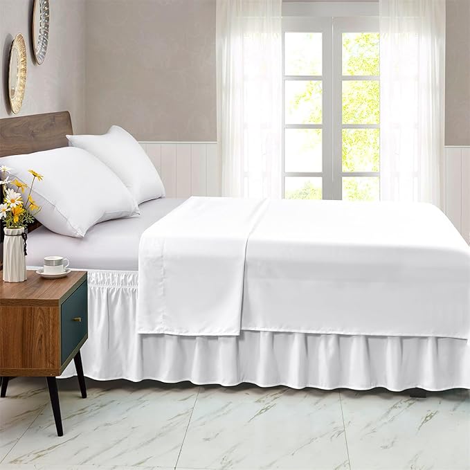 FreshCulture King Bed Skirt, Dust Ruffle for King Size Bed, Easy Fit with 18-Inch Tailored Drop, Elastic Wrap Around Bed Skirt King Size, Hotel Quality Bed Skirts for Adjustable Bed (White)