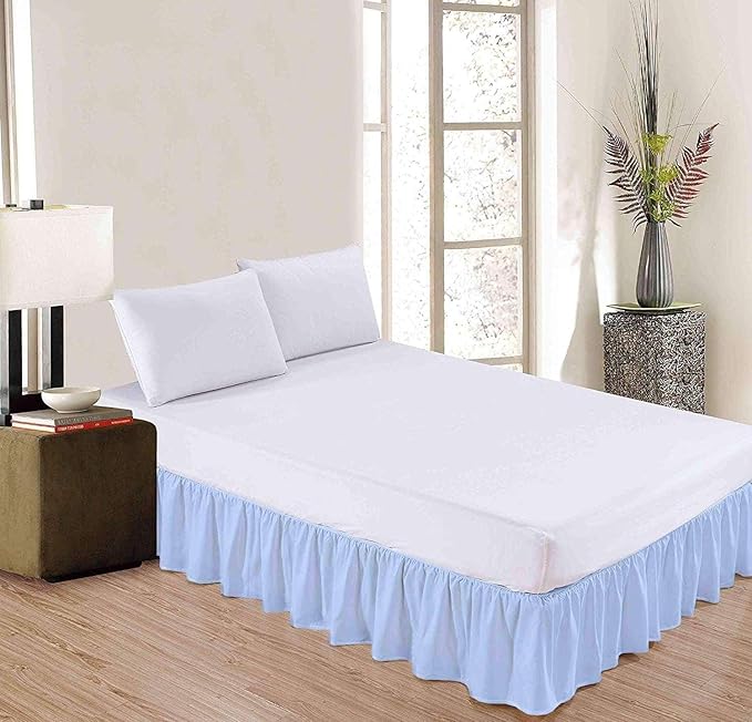 Light Blue Solid Ruffled Bed Skirt Full XL-16 Inch Drop Split Corner, Microfiber Bedskirt with Platform Three Sided Coverage