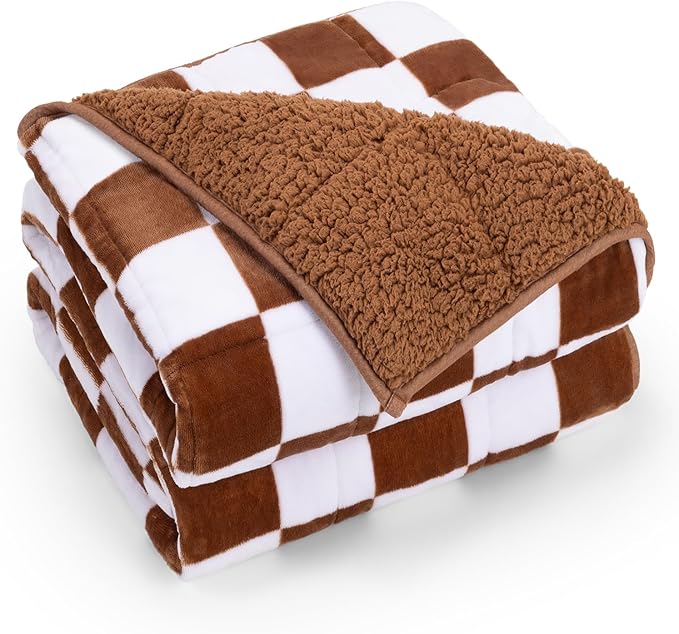 Cottonblue Checkerboard Weighted Blanket for Adults Twin Size 15 lbs 48" x 72", Fluffy Sherpa Flannel Heavy Weighted Throw Blankets for Bed Couch Sofa, Ultra Soft Cozy Bed Blanket, Plaid Khaki