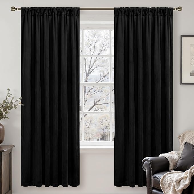 LAMIT Halloween Black Velvet Curtains for Bedroom 72 Inch, Luxury Thermal Room Darkening Drapes Back Tab and Rod Pocket Privacy Blackout Panels for Movie Theater, 2 Panels, 52 x 72 Inch