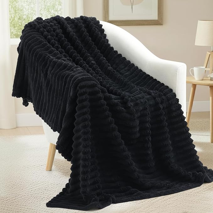 decorUhome Christmas Soft Fleece Black Blanket King Size for Bed, Cozy Fluffy Plush Flannel Large Striped Throws for Couch Sofa, Lightweight Decorative Fuzzy Blanket for Woman, 108x90 Inches