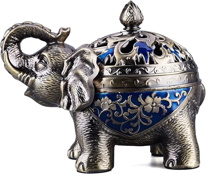 K COOL Metal Backflow Incense Holder Elephant Cone Incense Burner Candle Holder with Lid, Aromatherapy Ornament Home Office Decoration for Indoor Outdoor (Navy Blue)