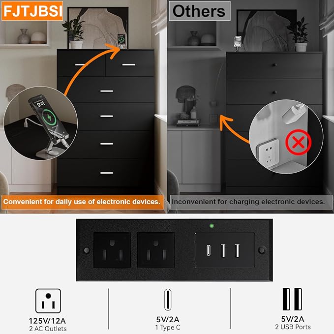 Dresser with Power Outlets Wooden 6 Drawer Dresser with Large Organizer Black Tall Storage Organizer with Smooth Metal Rail Modern Chest of Drawers Closet for Bedroom Hallway