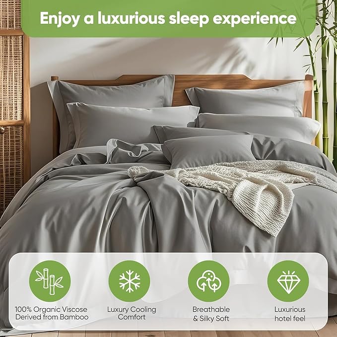 TWK Luxury Sheet Set, Genuine 100% Viscose Derived from Bamboo, Cooling & Breathable, Silky Soft, Bedding Sheets & Pillowcases(Gray, Queen(60 * 80 * 15))