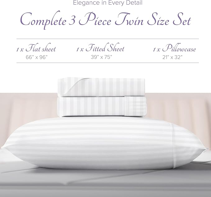 Carressa Linen Luxury Egyptian Cotton Twin Stripe Sheet Set - 600 Thread Count Extra Long Staple 3 PC Set, Crisp White Twin Damask Sheets, Soft, Cooling Sateen Weave Sheets Upto 18 in Deep Pocket