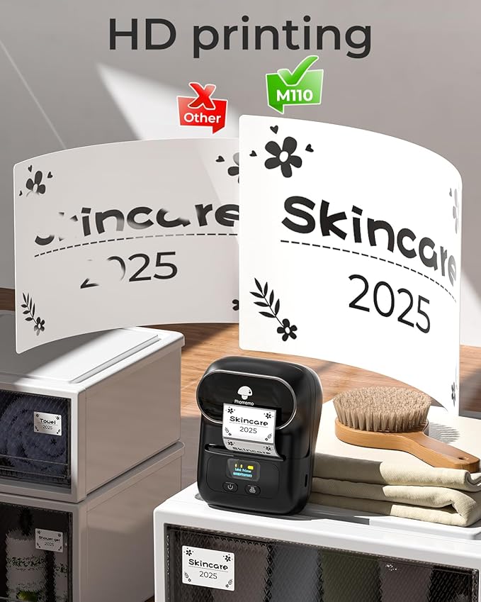 Phomemo M110 Label Maker - Label Maker Machine with Tape Portable Bluetooth Barcode Label Printer for Small Business, Address, Logo, Clothing, Mailing, with 40x30mm Label, Black