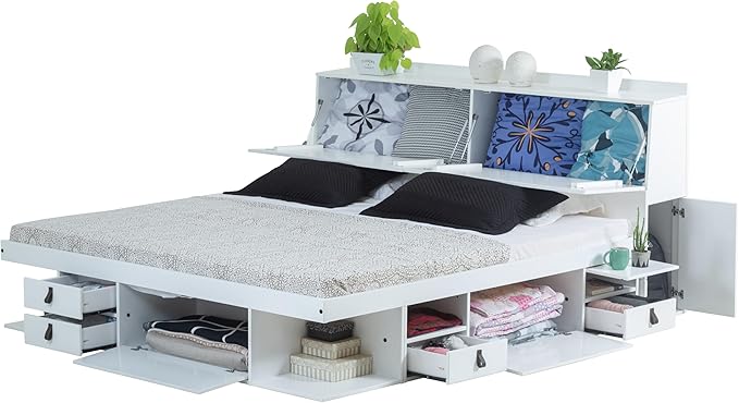 memomad Bali Set: Storage Platform Bed with Drawers + Bookcase Headboard (King Size, White Wood)