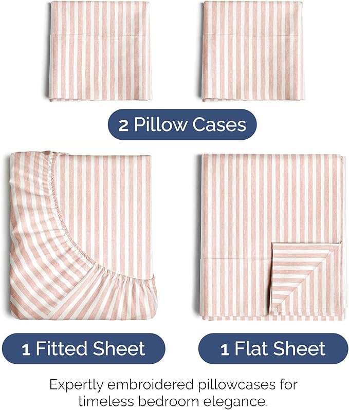 Full Size 4 Piece Sheet Set - Extra Soft, Breathable & Cooling - Hotel Luxury Durable Bed Sheets for Women & Men - Deep Pockets, Easy-Fit & Wrinkle-Free - Blush Stripes Oeko-Tex