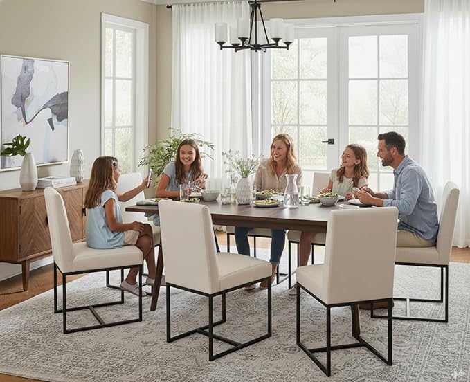 CIMOTA Modern Linen Dining Chair Set of 2, Mid Century Dining Room Chairs Fabric Upholstered Armless Side Chair with Black Sled Base for Dining Room, White Cream 2PCS