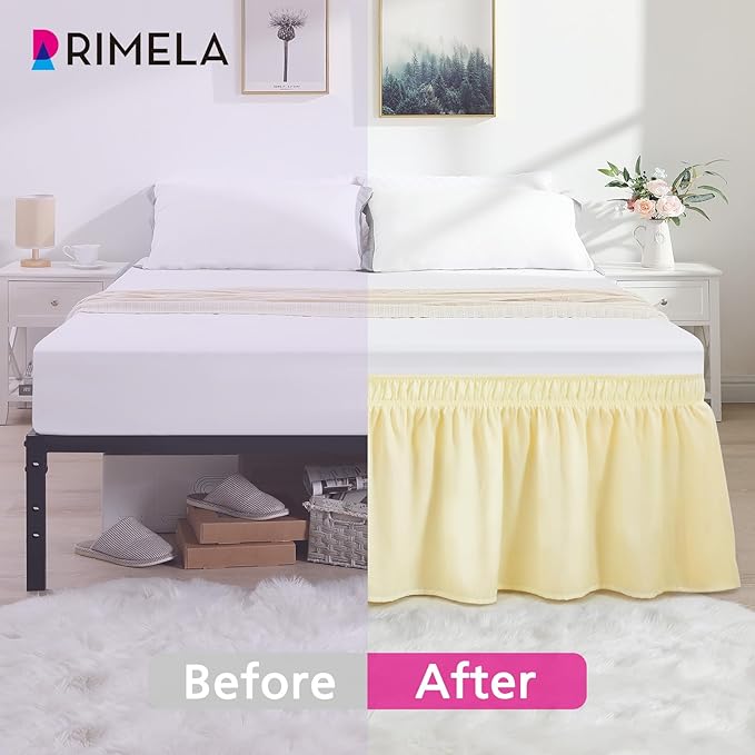 RIMELA Full Bed Skirt 15 Inch Drop, Wrap Around Elastic Bedskirt Solid Microfiber Luxury Hotel Quality Fabric, Easy to Install Machine Washable Wrinkle & Fade Resistant, Beige Yellow