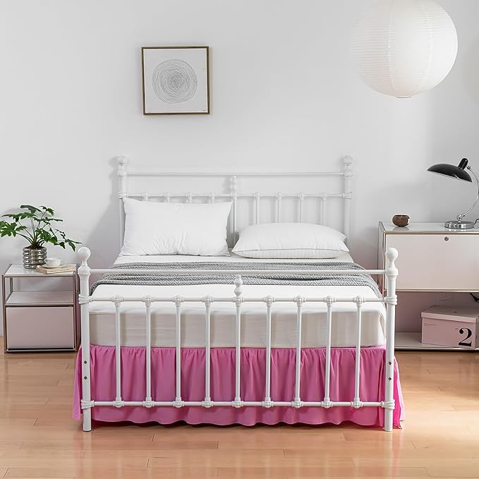 Bed Skirt Queen Size, Ruffled Bed Skirt with Split Corners, 16 Inch Drop Dust Ruffle Bed Skirt with Platform, Pink -16'' Queen