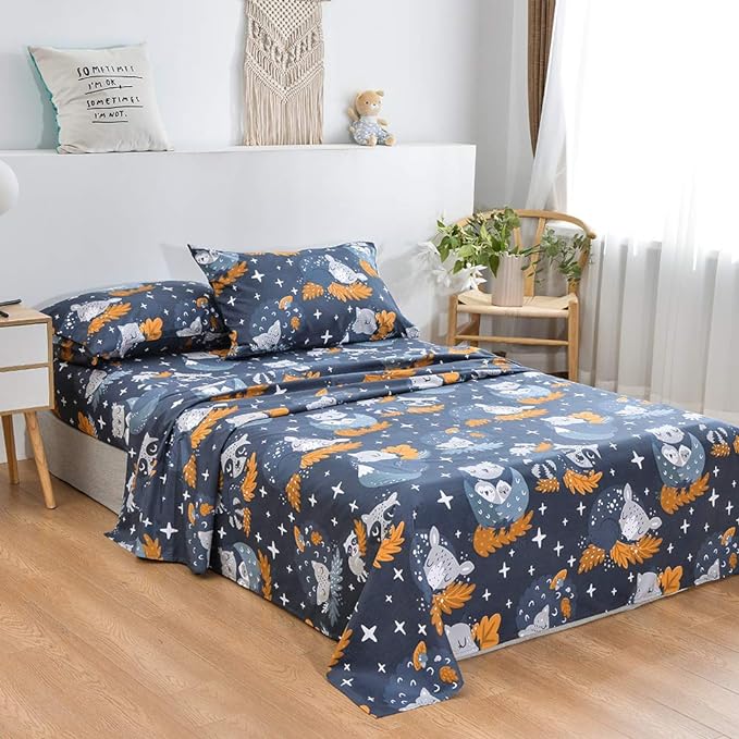 JSD Navy Blue Owl Kids Sheet Set Full Size, 4 Piece Forest Animals Printed Microfiber Bed Sheets Deep Pocket