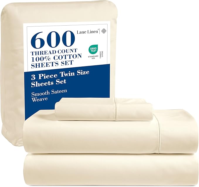 LANE LINEN 100% Cotton 600 Thread Count Soft Twin Bedding Sheets & Pillowcases Set- Sateen Weave Fully Elasticized 15 inch Deep Pocket Twin Sheets, Hotely Like Think Natural Cooling Bedding - Ivory