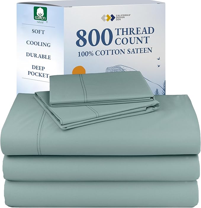 CALIFORNIA DESIGN DEN Authentic Soft Split King Sheets, 800 Sateen 100% Cotton, Cooling Than Egyptian Cotton Sheets, Split King Size Cotton Sheets Set 5 Pc Set with Deep Pockets No Pop-Off (Soft Teal)