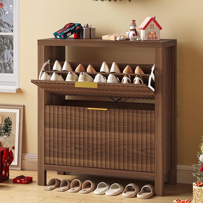 Shoe Cabinet Storage for Entryway, Fluted Shoe Cabinet with 2 Flip Drawers, Hidden Shoe Rack Tall Freestanding Shoe Organizer with Legs for Hallway, Walnut