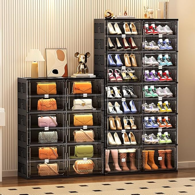 JEKO&JEKO 5 Tiers Foldable Boot Storage Shoe Rack Cabinet for Closet Entryway, Large Collapsible Shoe Organizer with Magnetic Doors (Black)