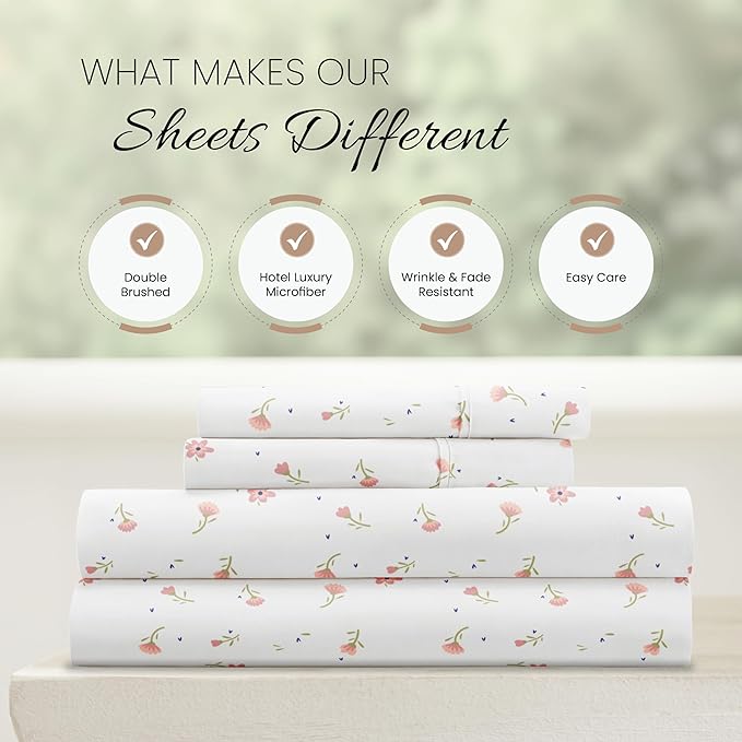 Linen Market Double-Brushed Patterned Microfiber California King Sheet Set 4 Piece – Oeko-TEX Certified Ultra Soft & Wrinkle-Free - 16" Deep Pocket Sheets Easy Care Cal-King Size - Soft Floral Pink