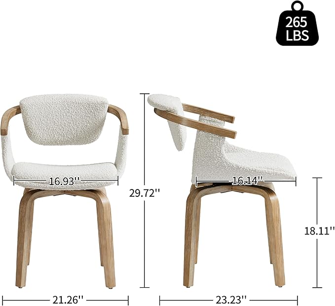 Art Leon Swivel Dining Chairs, Set of 2, Mid Century Modern Boucle Fabric Kitchen Dining Room Chair with Arms, Desk Chairs No Wheels, White