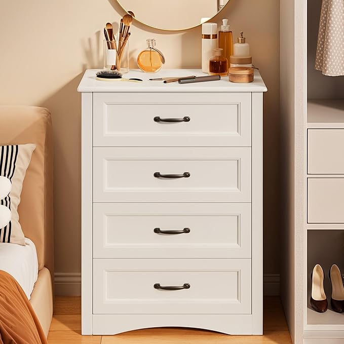 Gizoon Dresser for Bedroom with 4 Drawers Wooden Chest of Drawers for Closet Dresser Storage Unit Organizer for Hallway Living Room and Office, White