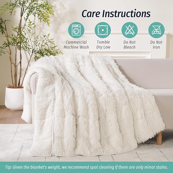Wemore Shaggy Long Fur Faux Fur Weighted Blanket, Cozy and Fluffy Plush Sherpa Long Hair Blanket for Adult 15lbs, Fluffy Fuzzy Sherpa Reverse Heavy Blankets for Bed, Couch, Cream White, 80 x 87 Inches