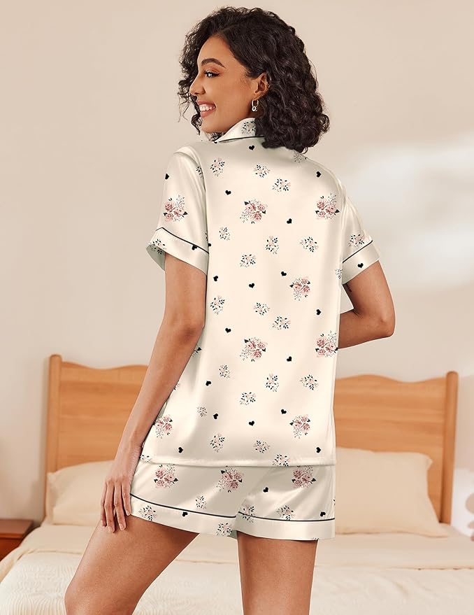 Ekouaer Women's Silk Satin Pajama Set Short Sleeve Pjs Shorts Set Comfy Button Down 2 Piece Sleepwear Loungewear