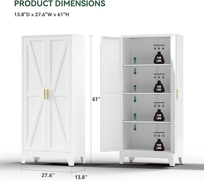 Farmhouse Pantry Cabinet with Barn Doors,61" H x 27.5" W,Metal Cabinet with Adjustable Shelves,4-Tier Storage Cabinet for Kitchen Dining Room Garage,White