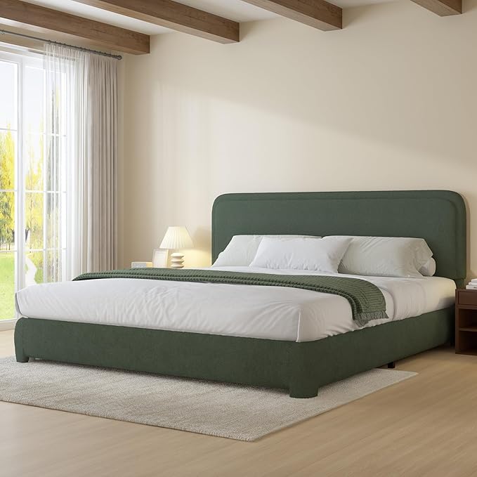 BarnFurin King Size Boucle Bed Frame and Headboard, Cloud Upholstered Platform Bed Frame, Soft Rounded Corners, Modern Style, No Box Spring Required, Easy Assembly, Green