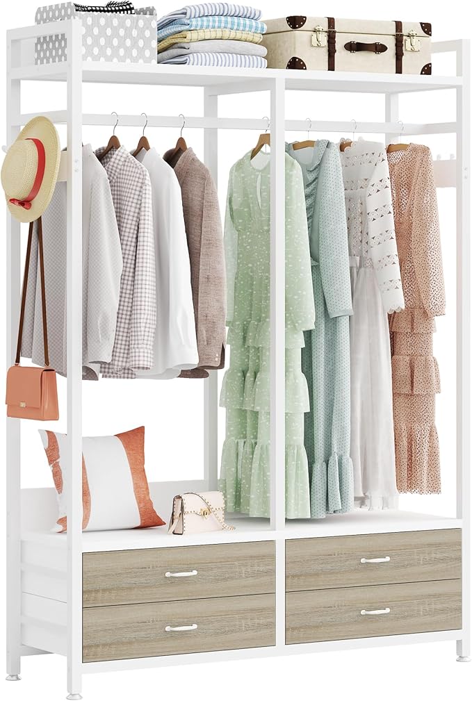 Tribesigns Freestanding Closet Organizer for Hanging Clothes, Heavy Duty Garment Rack with 4 Drawers, 8 Hooks and Storage Shelves, Wardrobe Closet Clothing Rack for Bedroom, Living Room, White Walnut