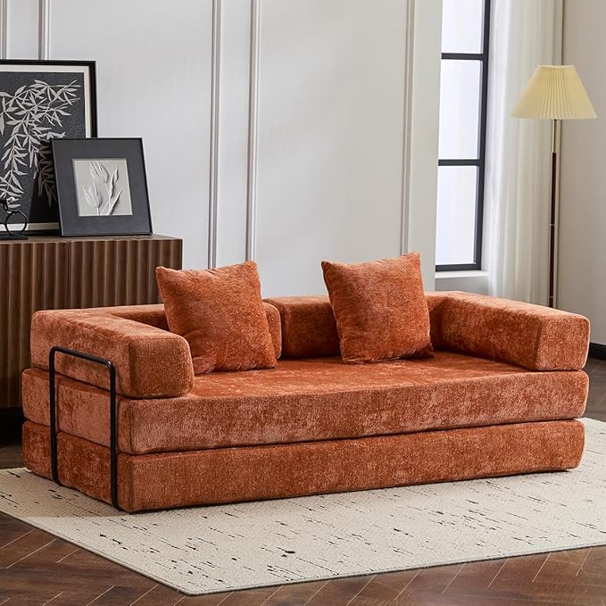 4-in-1 Convertible Folding Sleeper Sofa Bed, Fold Out Floor Sofa Couch with Fixed-Shape Frame, Cloud Corduroy Foldable Mattress Couch for Living Room Bedroom (78.5" Chenille, Orange)