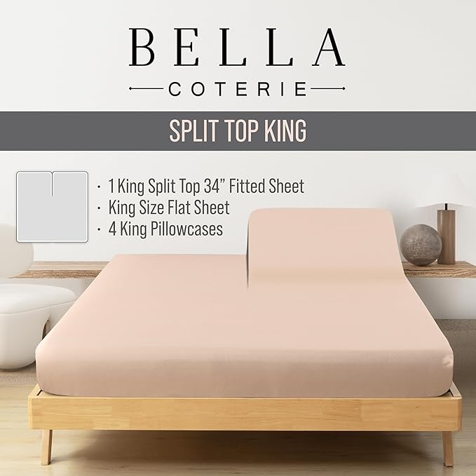 Bella Coterie 6 Piece Luxury Bamboo Viscose Split Top King Size Sheet Set | 34" Split for Adjustable Beds | 100% Organically Grown| Cooling | 18” Deep Pocket | 4 Pillowcases [Champagne]