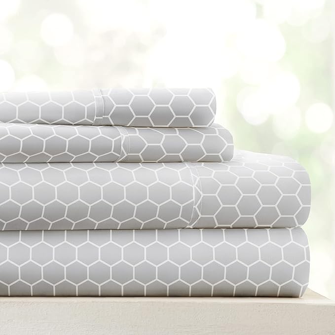 Linen Market Double-Brushed Patterned Microfiber Full Sheet Set 4 Piece – Oeko-TEX Certified Ultra Soft & Wrinkle-Free - 16" Deep Pocket Sheets - Easy Care Full Size - Honeycomb Light Gray