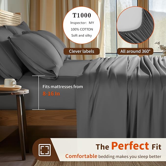 LBRO2M 1000 Thread Count 100% Egyptian Cotton Sheets Set 6 Piece Sets California King Bed Sheet Deep Pocket Sheet Set 16" Soft Comfortable All Season (California King, Dark Gray)