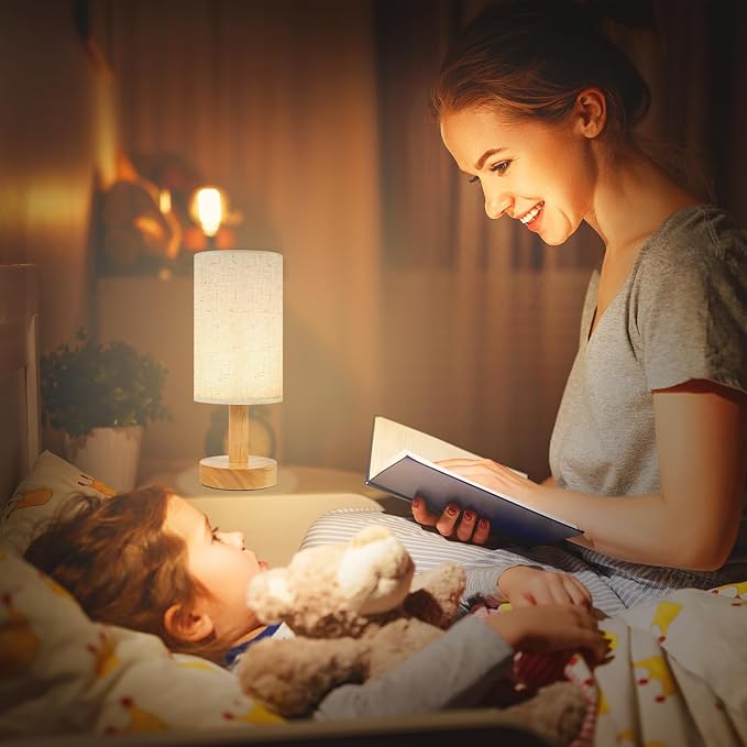 Small Bedside Table Lamp for Bedroom,Natural Round Wood Base&Fabric Linen Shade,Cozy Night Table Light for Study Reading,Minimalist Boho Desk Lamp for Nightstand,Living Room,Nursery,Kitchen,Dorm