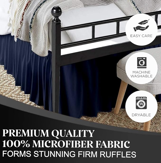 Ruffled Bed Skirt with Split Corners, Navy Blue, Twin 12 Inch Drop Bedskirt, Hotel Quality Brushed Microfiber Wrinkle Free Dust Ruffle Bed Skirt Twin Size
