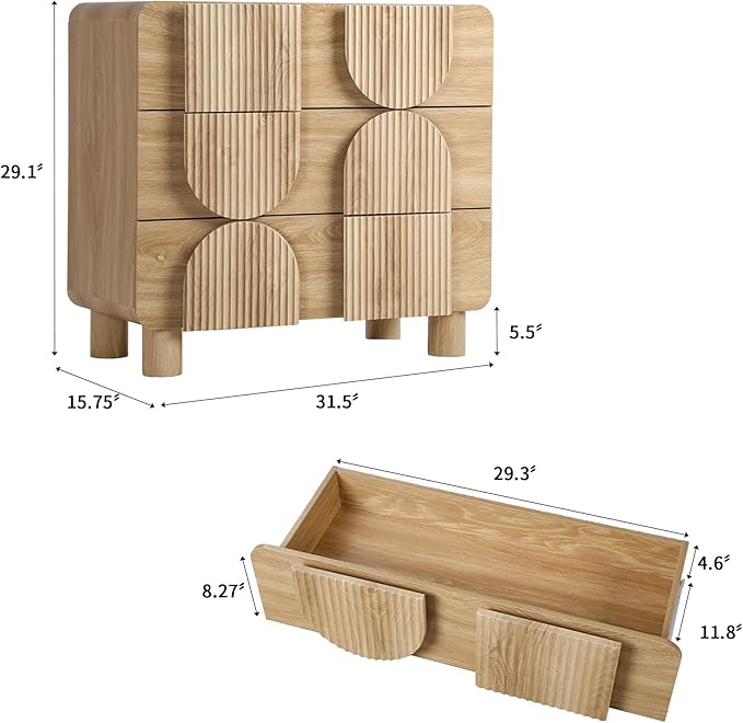 3 Drawer Dressers for Bedroom, 31.5" Wide Large Mid Century Modern Fluted Nightstand 2 Sets, Wood Dresser & Chest of Drawers with Curved Profile for Living Room, Entryway, Hallway Natural