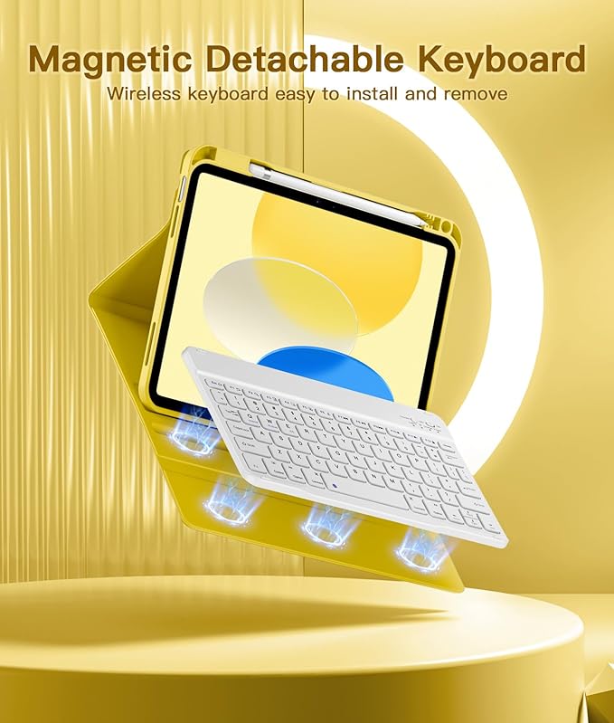for iPad 10th Generation Case with Keyboard 10.9 Inch 2022/iPad (A16) 11th Gen 11 Inch 2025 - Magnetic Detachable Keyboard, Stain Proof Cover, Smart Folio Case with Pencil Holder - Yellow