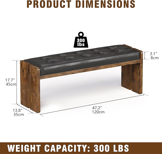 Upholstered Dining Room Bench, Ottoman Bench with PU Leather Padded Seat, Bedroom Bench, Hallway Bench, Entryway Bench for Kitchen, Living Room, Hallway, Entryway, Brown and Black