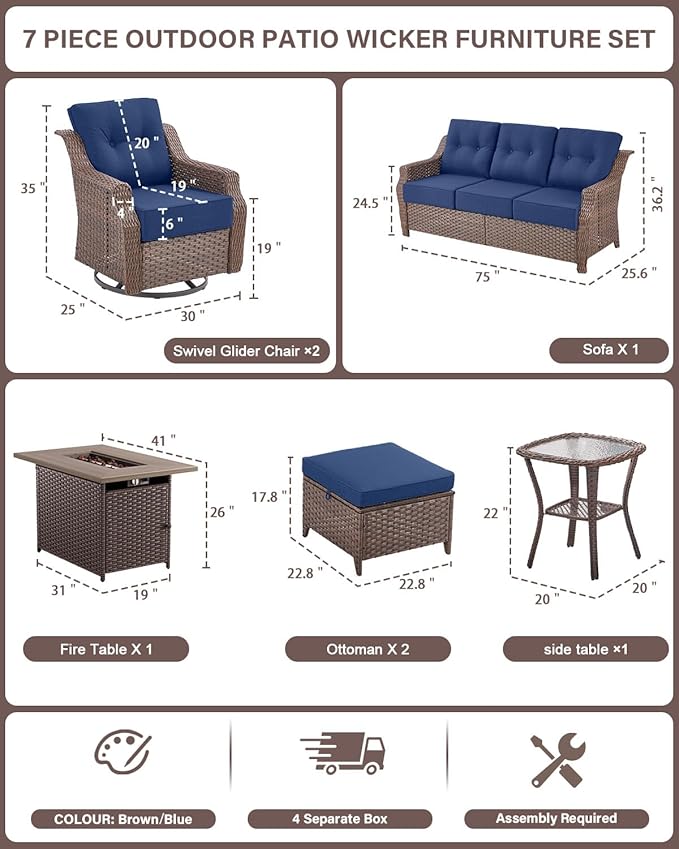 Belord Luxurious 7 Piece Patio Furniture Set with Fire Pit Table, High Back Swivel Rocker Glider Outdoor Chairs with 6" Blue Cushion, All-Weather Patio Conversation Set for Yard Garden Brown Wicker