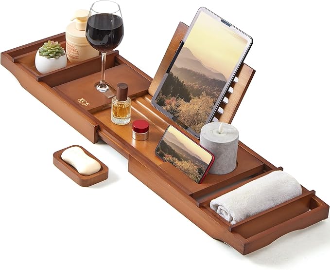 XcE Bathtub Caddy Tray Expandable to 105cm with Bamboo Book Stand and Soap Tray, Brown