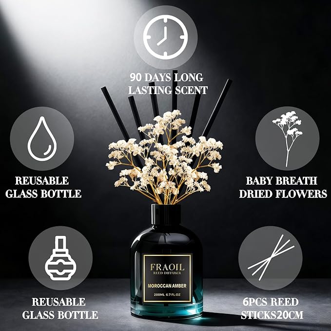 Moroccan Amber Reed Diffuser, Reed Diffuser Set 6.7 fl oz (200 ml) with 6 Reed Sticks, Home Fragrance Reed Diffuser for Bathroom Shelf House Bedroom Office Decor