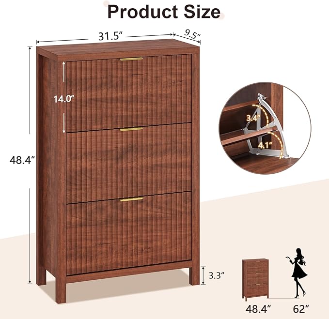 Shoe Cabinet Storage for Entryway, Fluted Shoe Cabinet with 3 Flip Drawers, Hidden Shoe Rack Tall Freestanding Shoe Organizer with Legs for Hallway, Walnut
