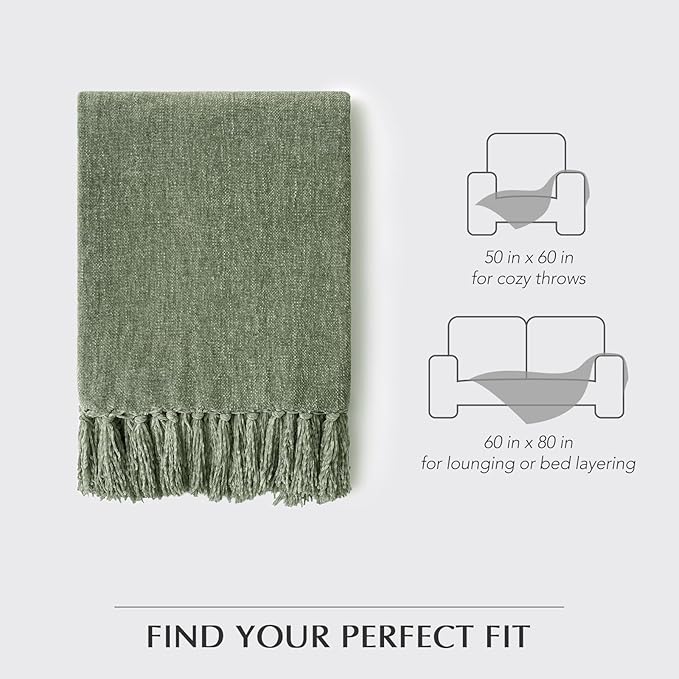 EVERGRACE Soft Chenille Throw Blanket for Couch, Cozy Plush Fuzzy Decorative Chenille Knit Throw Blanket with Tassels, Lightweight Blanket and Throws for Bed Sofa Gift Home Decor, Sage Green 60"x80"