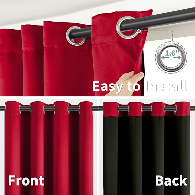 BGment Christmas 100% Blackout Curtains Thermal Insulated with Liner for Living Room Decoration - Grommet Double Layer Energy Saving Bedroom Curtain Drapes (42 x 63 Inches, Red, 2 Panels)