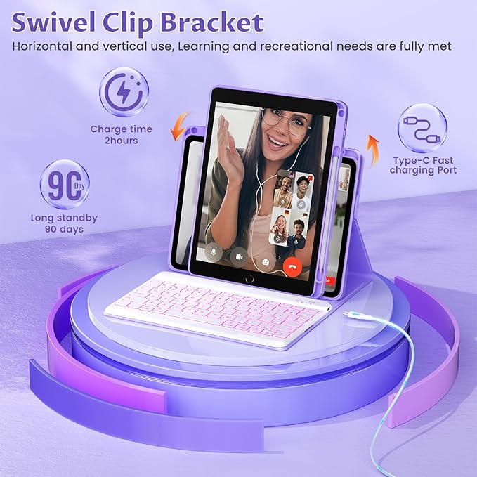 OYEEICE for iPad 9th Generation Case with Keyboard 10.2 Inch - Detachable Backlit Keyboard 360 Rotatable Cover with Pencil Holder for iPad 9th/8th/7th Gen 10.2 Inch, Air 3rd Gen & Pro 10.5" - Purple