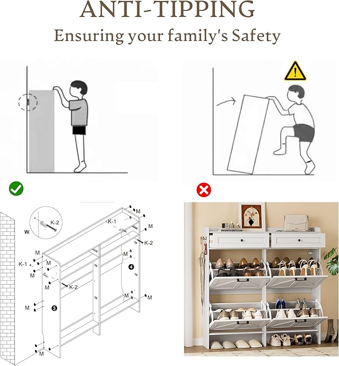 Shoe Storage Cabinet for Entryway, Farmhouse Wide Shoe Cabinet with 4 Flip Drawers and 2 Top Drawers, Freestanding Organizer with Adjustable Shelves, Hooks, and Anti-Tip Kit for Hallway