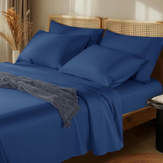 LBRO2M 1000 Thread Count 100% Egyptian Cotton Sheets Set 6 Piece Sets Queen Bed Sheet Deep Pocket Sheet Set 16" Soft Comfortable All Season (Queen, Navy Blue)