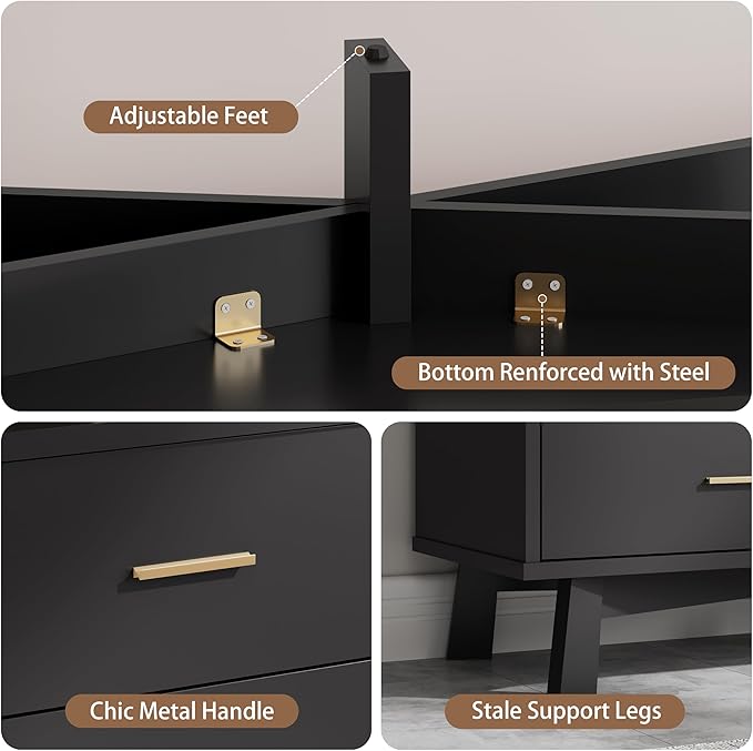Dresser for Bedroom, 8 Drawer Wide Modern Chest of Drawers with X-Shaped Sturdy Base, Wood Double Dresser Closet Clothes Storage Organizer, Wooden TV Stand for Living Room, Hallway, Black