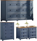 Bedroom Dresser and Nightstand Sets 4 Piece, Farmhouse 6 Drawers Dresser & 40.5" Tall Chest of Drawers, 18" Nightstands Set of 2, 54" Wide Furniture Dressers for Bedroom, Living Room, Blue
